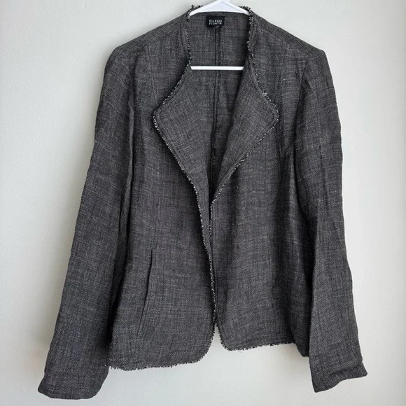 Eileen Fisher Gray Linen Blend Woven Raw Trim Jacket Long Sleeve Size Medium - Picture 1 of 10